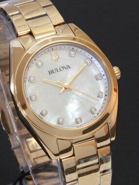 Bulova Ladies Surveyor Quartz Watch Diamond Indices MOP Dial Gold Tone 31mm